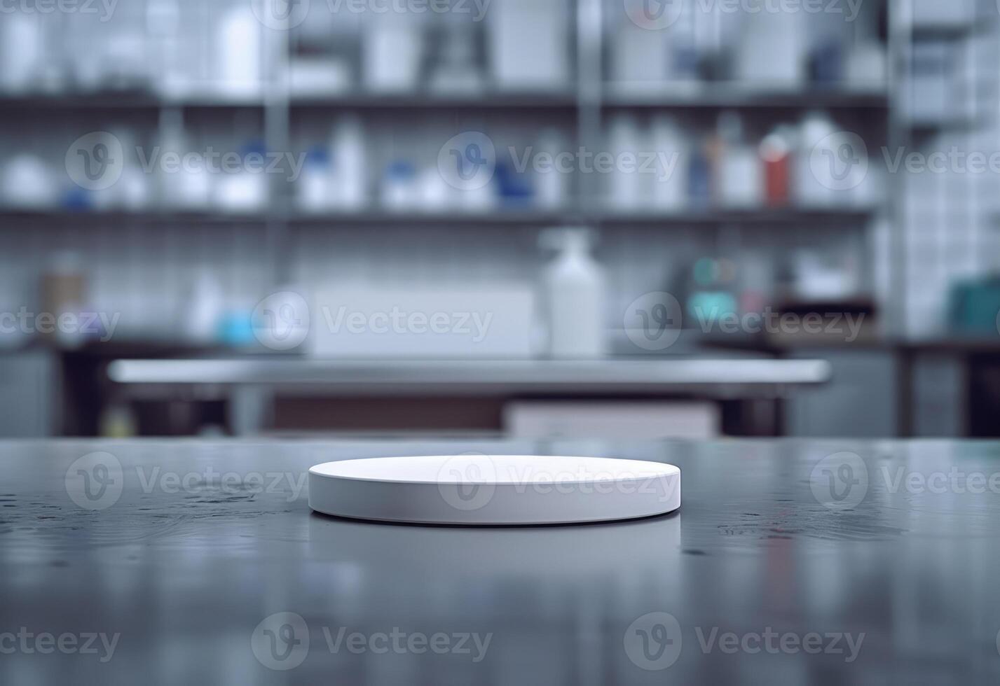 AI generated Pharmacology medicine stand mockup, empty podium on table with banner and copy space, showcasing pharmaceutical products, research, and innovation in the healthcare industry. photo