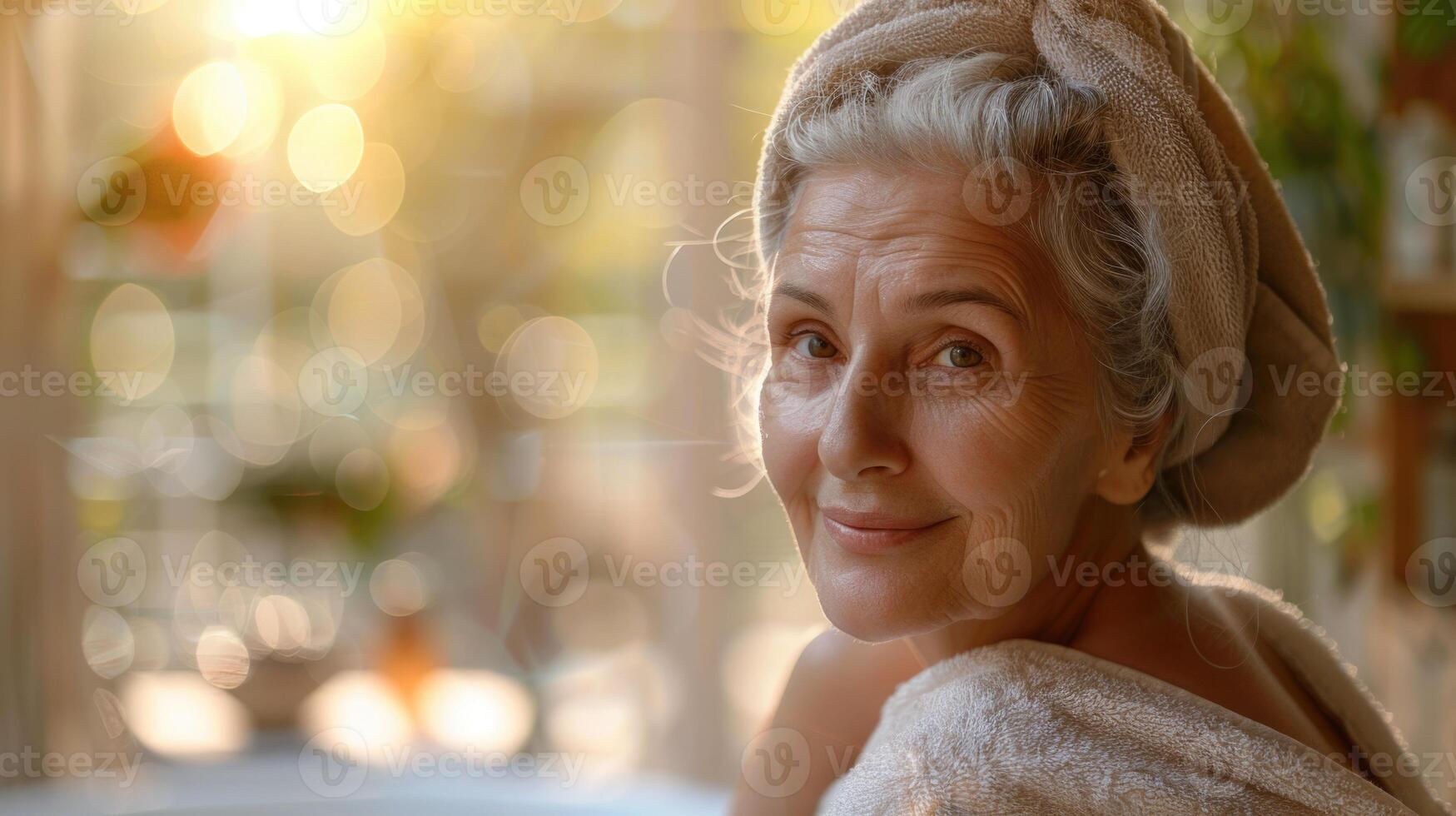 AI generated Tranquil spa retreat rejuvenating body care for lovely elderly woman amidst steam room, sauna, and water treatments, promoting relaxation and skin rejuvenation photo