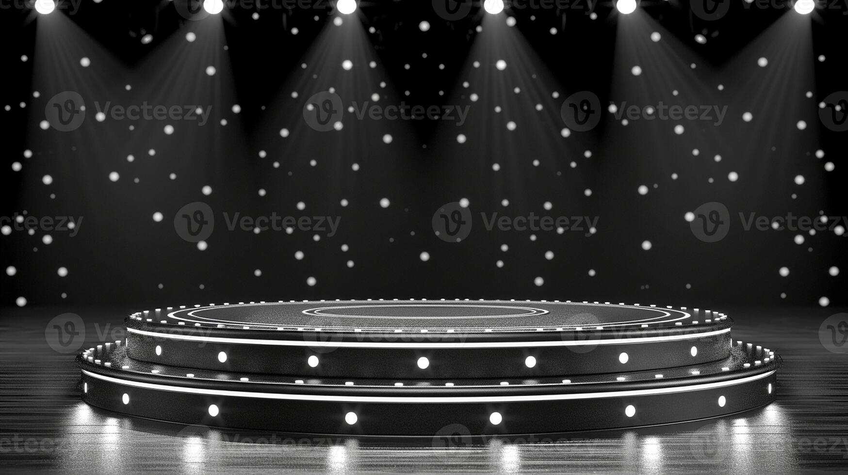 AI generated stage with spotlight and lights on a black background photo