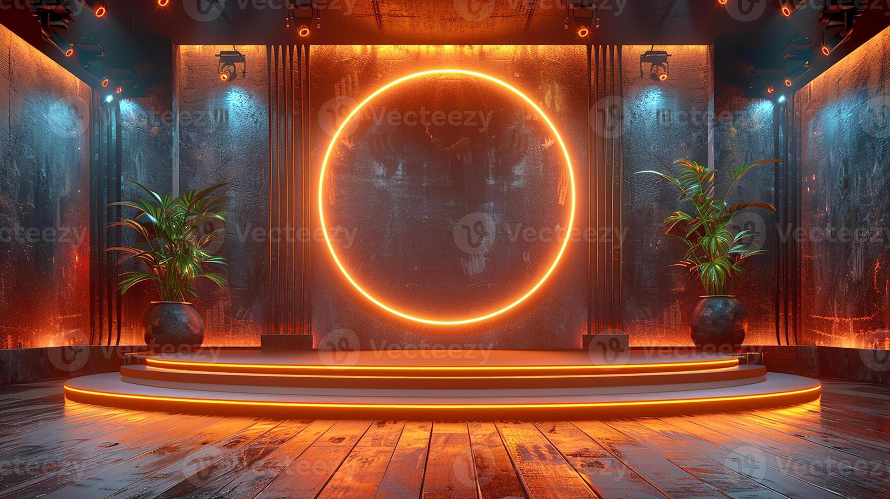 AI generated an empty stage with neon lights and a large circle photo