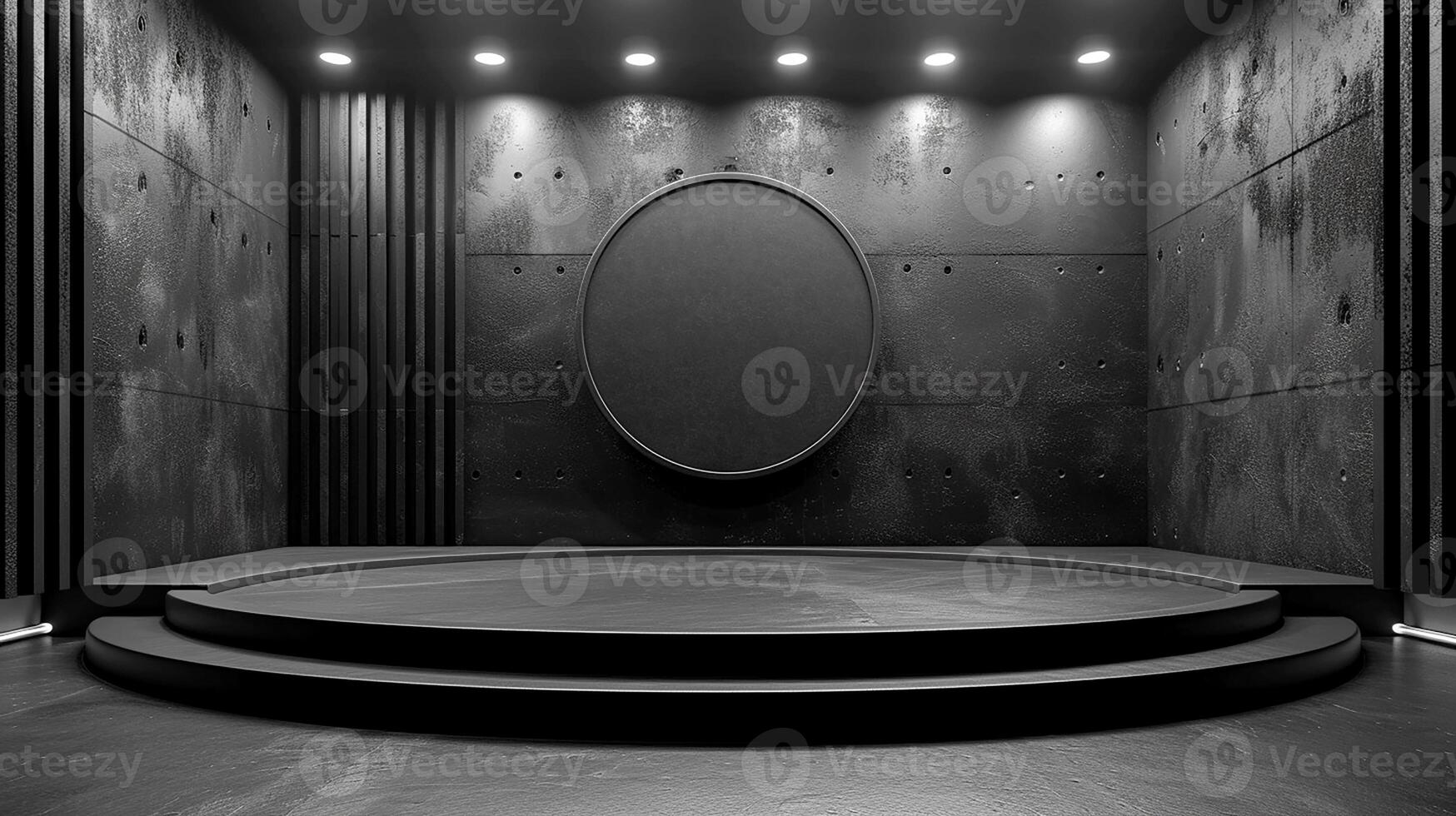 AI generated black and white photo of a stage with a circular light