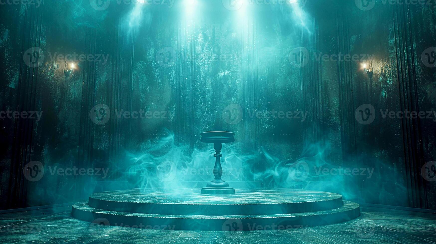 AI generated a dark room with a stage and a light coming from the ceiling photo
