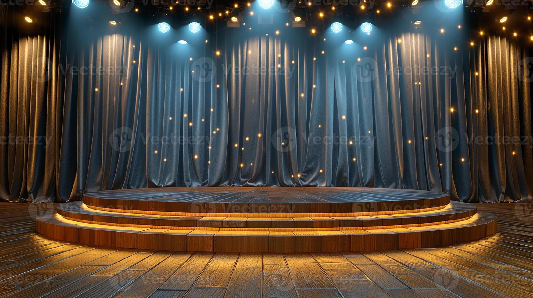 AI generated stage with a wooden floor and a stage with curtains photo