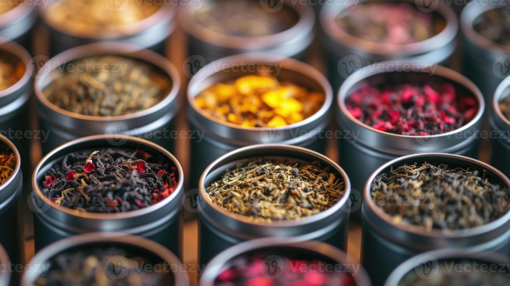 AI generated Assorted Loose Tea Leaves in Tins photo