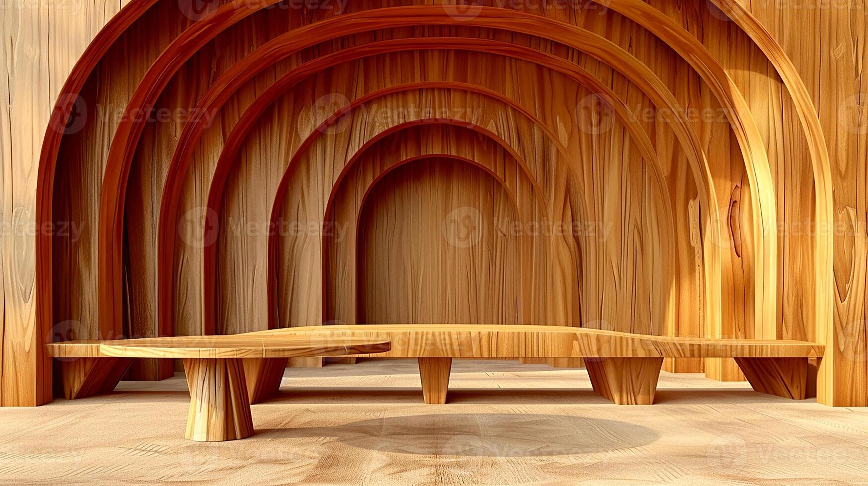 AI generated a wooden bench and table in a room with arched walls photo