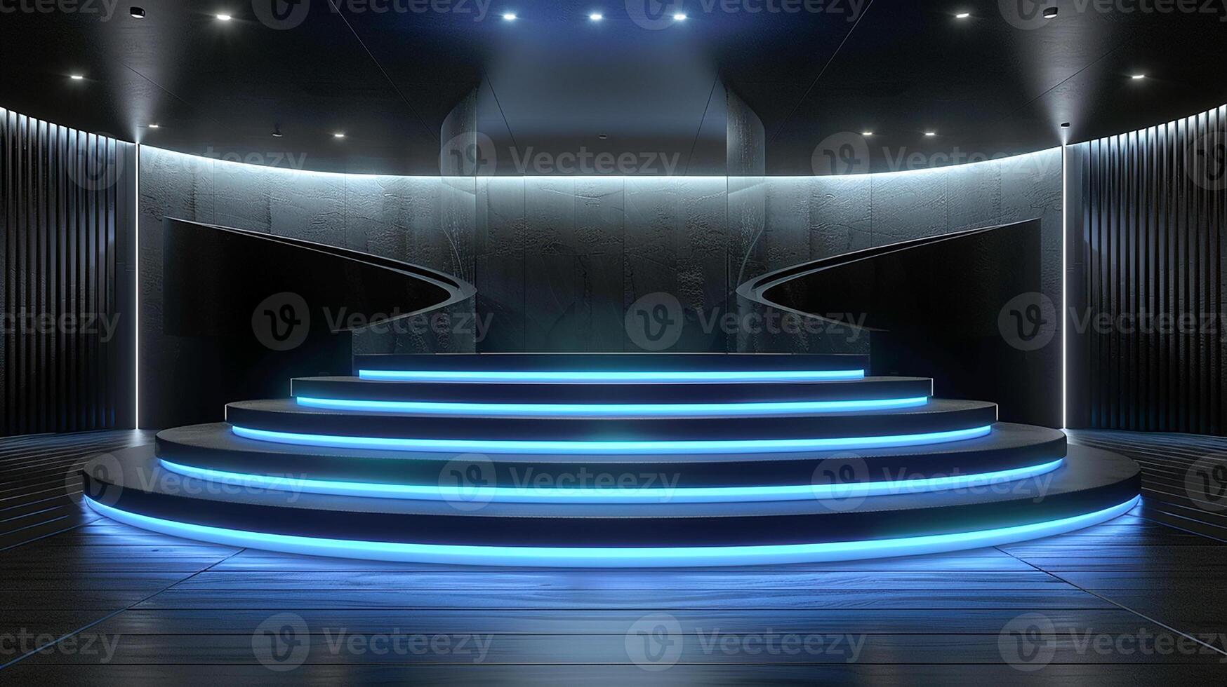 AI generated a room with a staircase and blue lights photo