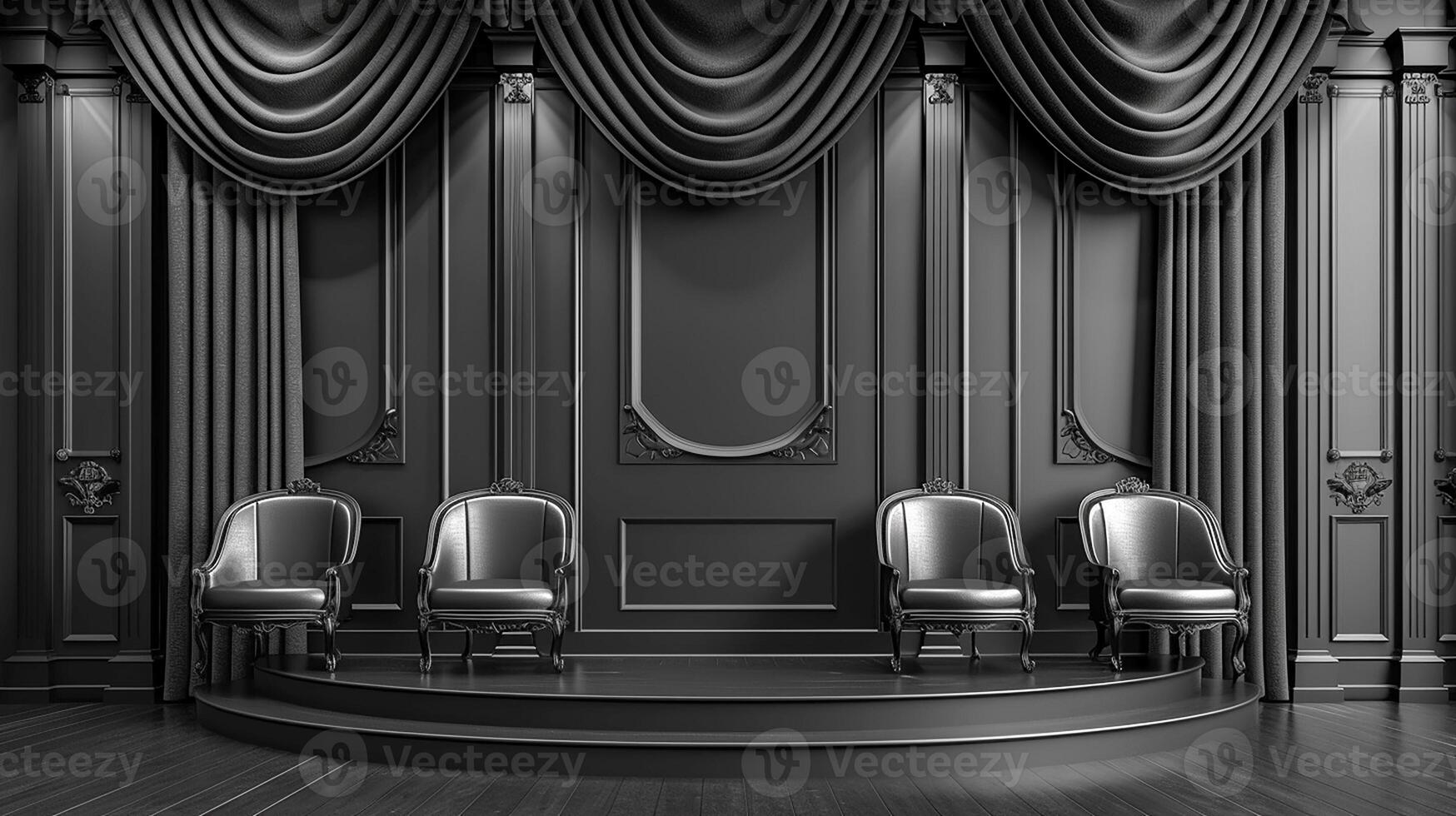 AI generated black and white photo of a stage with chairs and curtains