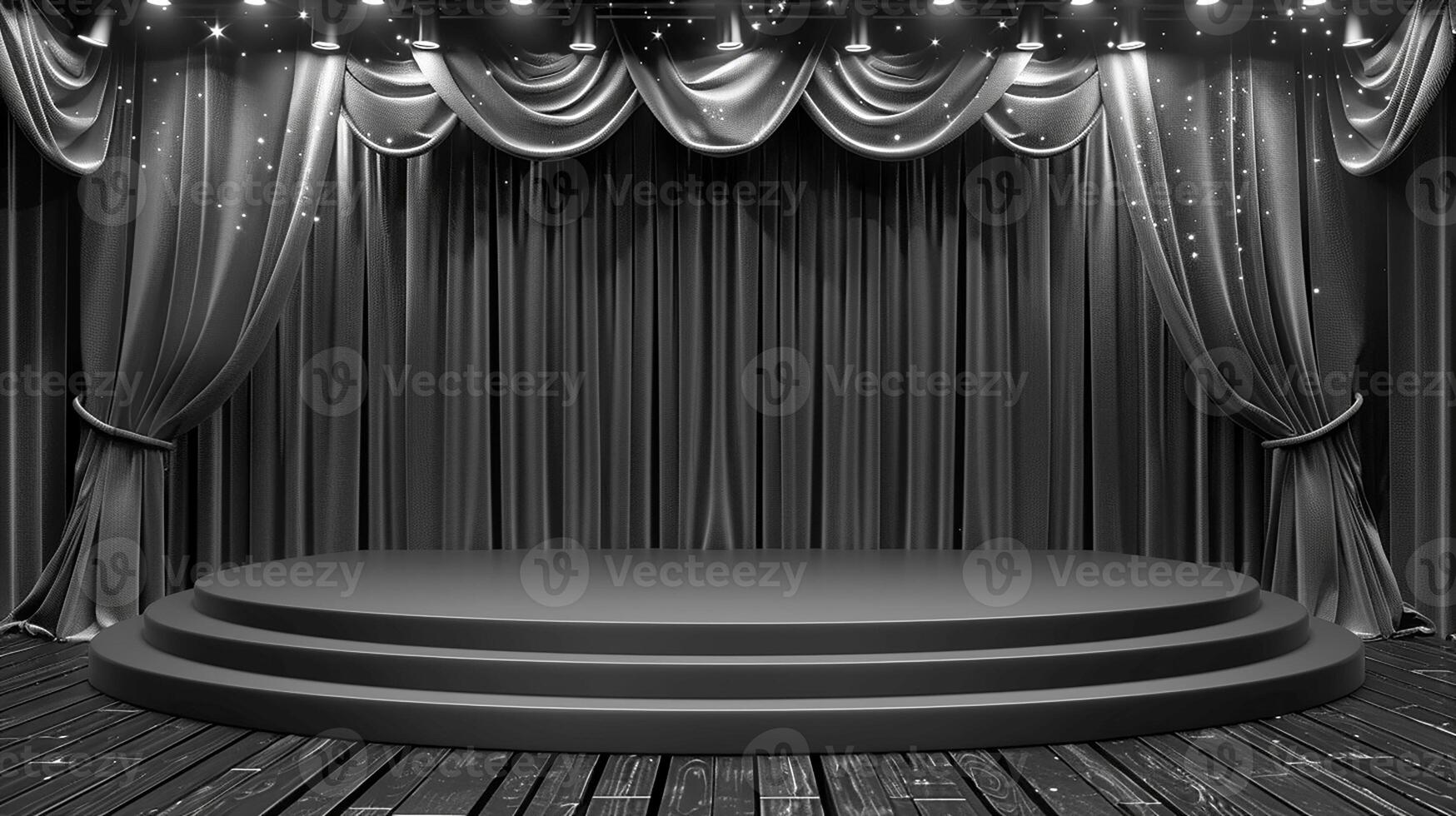 AI generated stage with black curtains and spotlight photo