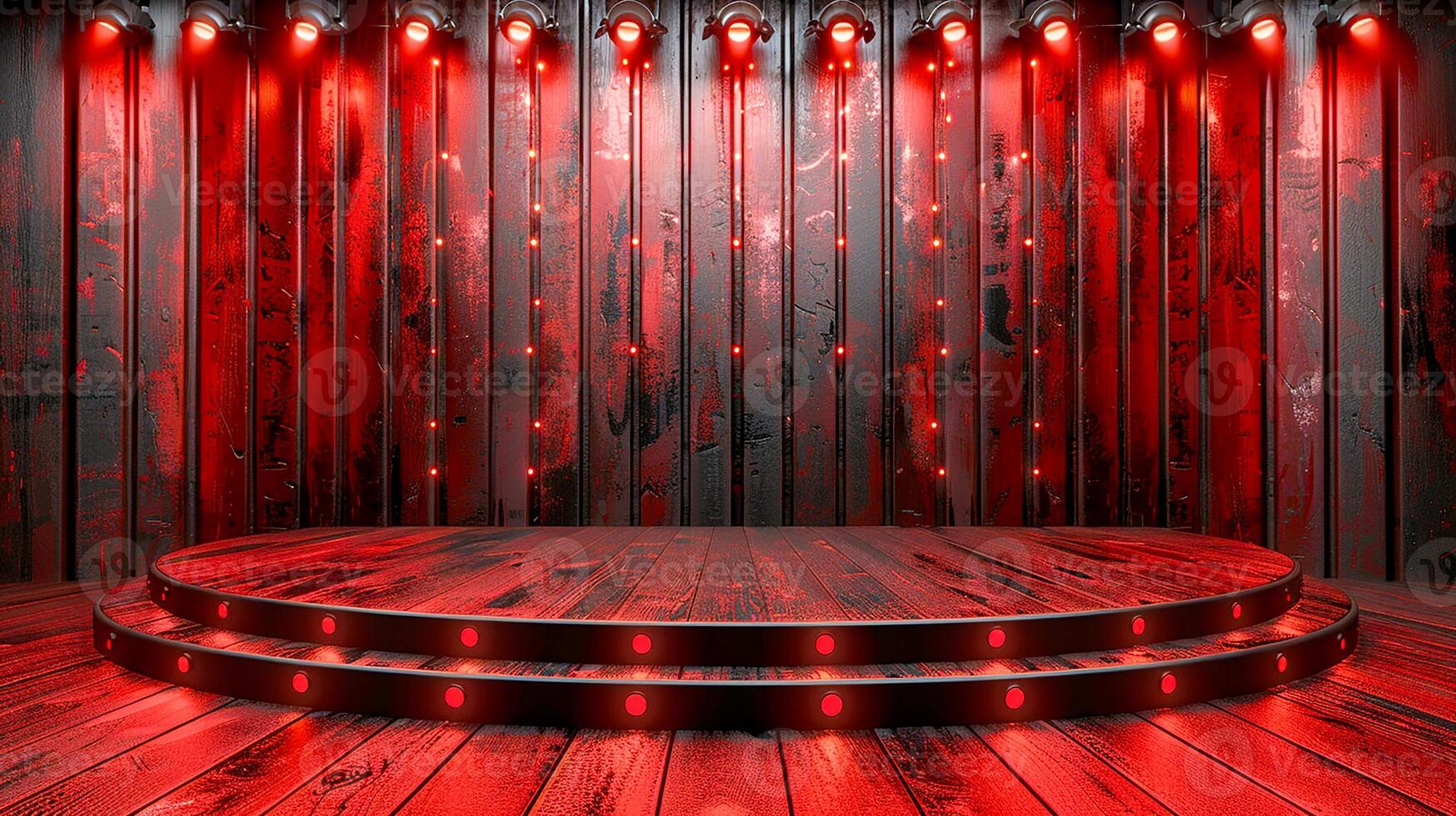 AI generated red stage with lights and wooden floor photo