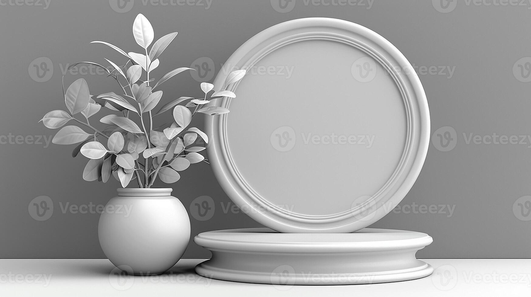 AI generated 3d render of a vase with a plant and an oval mirror photo