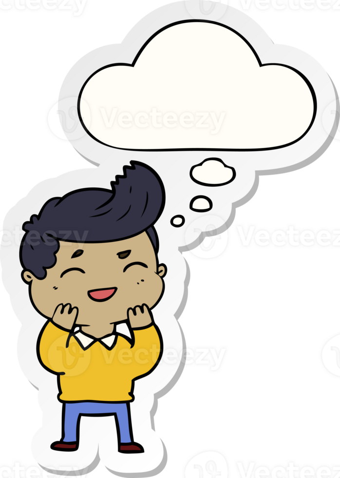 cartoon man laughing with thought bubble as a printed sticker png