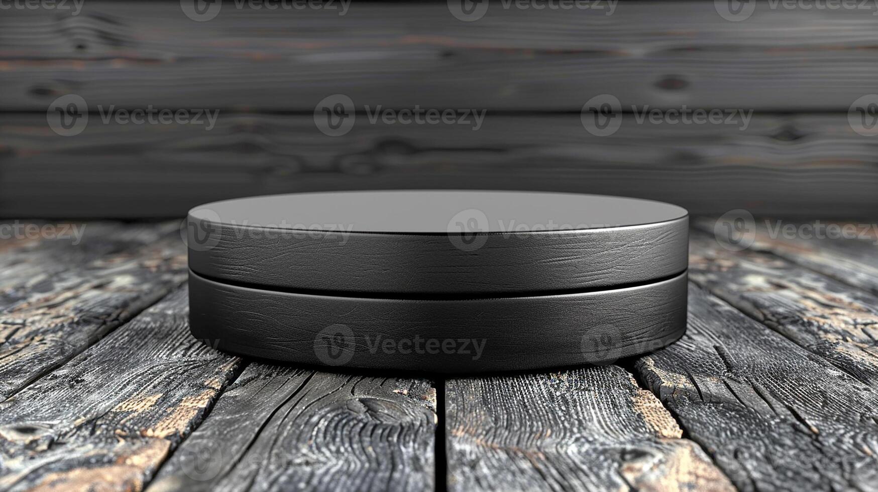 AI generated black round container on wooden background 3d render photo