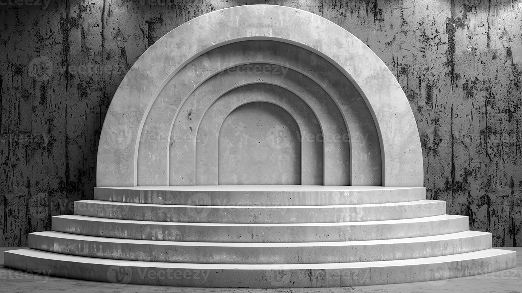 AI generated concrete stage with a curved arch in front of a wall photo