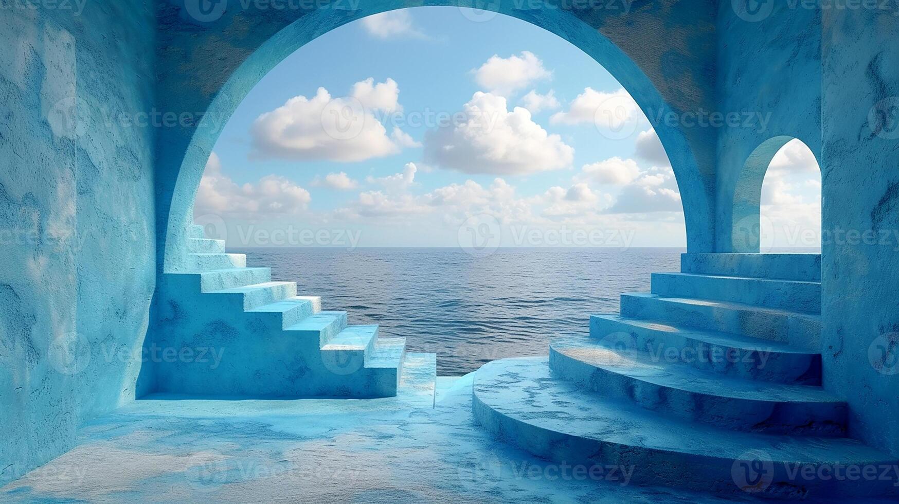 AI generated blue archway with stairs leading to the ocean photo