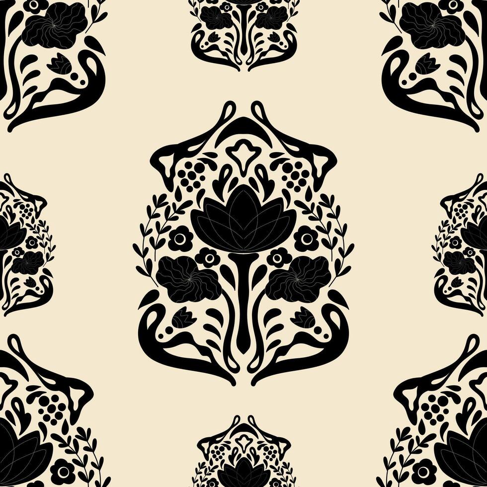 a black and white pattern with flowers and leaves vector