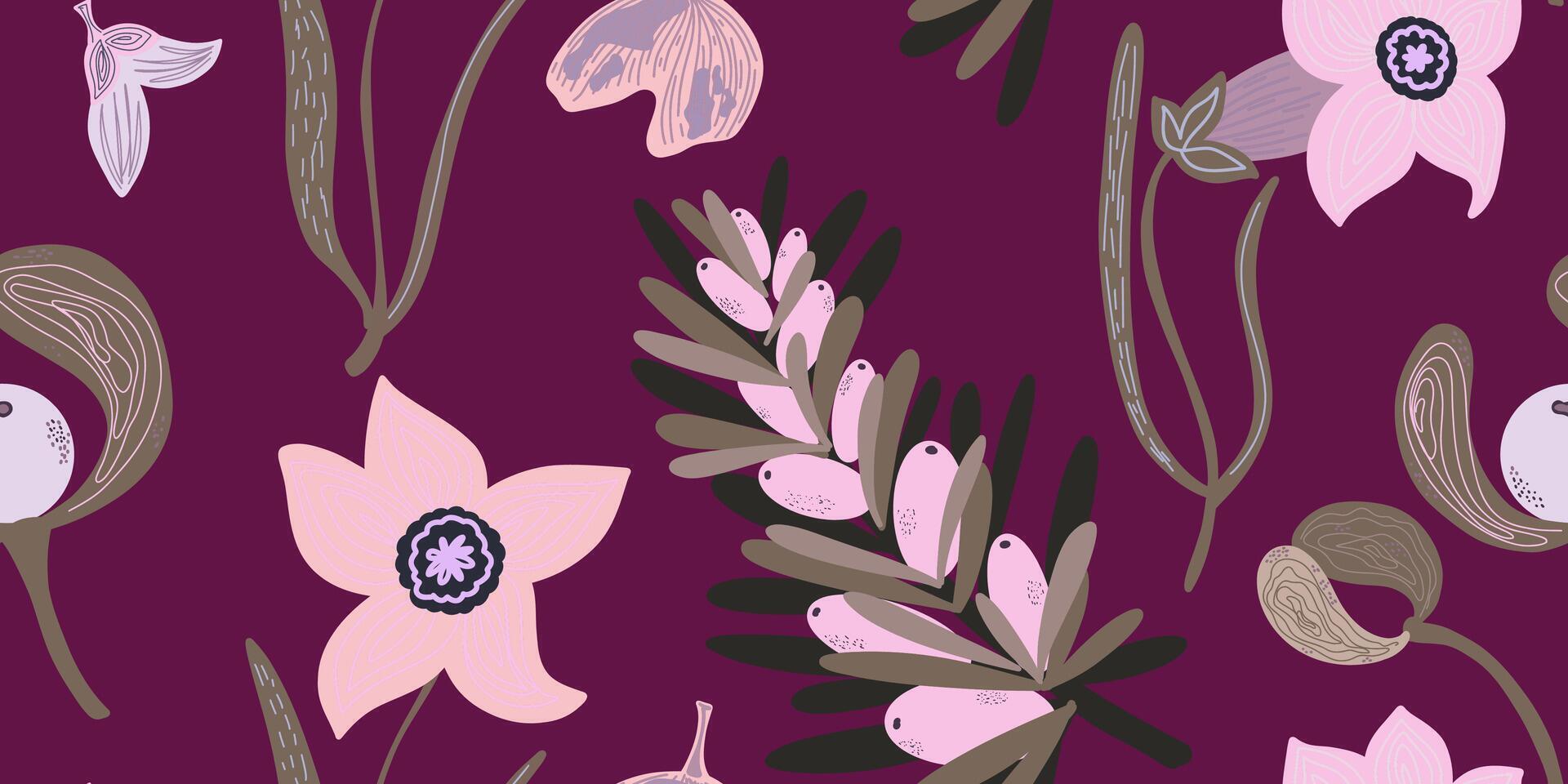 a pattern with pink flowers and leaves on a purple background vector