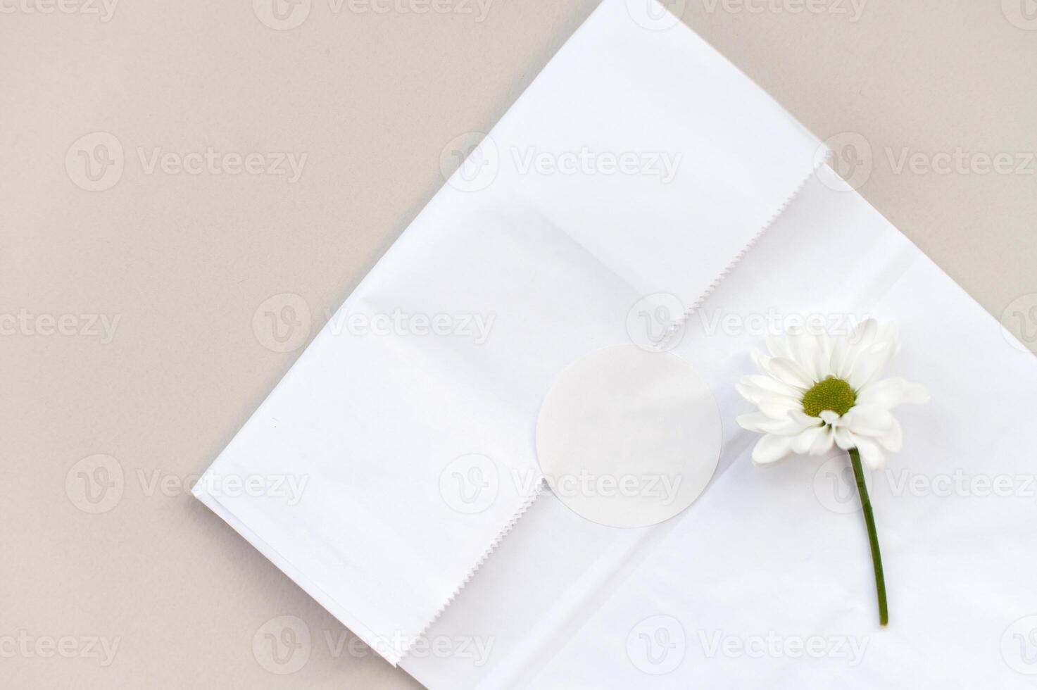 Round blank sticker and packaging model, round tag model on kraft paper gift bag, chamomile flower photo