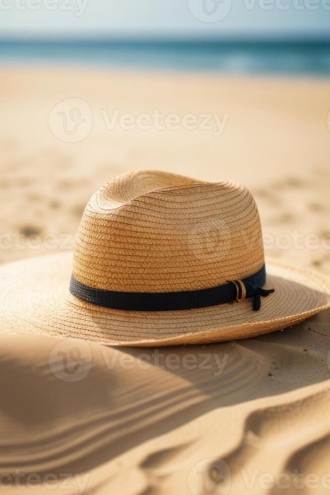 AI generated a straw hat sits on the sand in the beach. photo