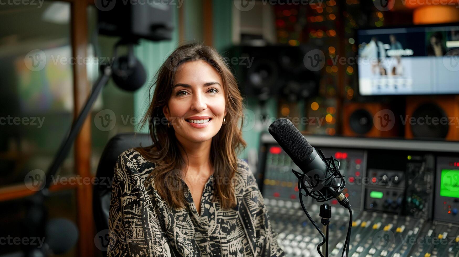 AI generated Radiant Woman with Headphones Smiling in Modern Radio Station photo