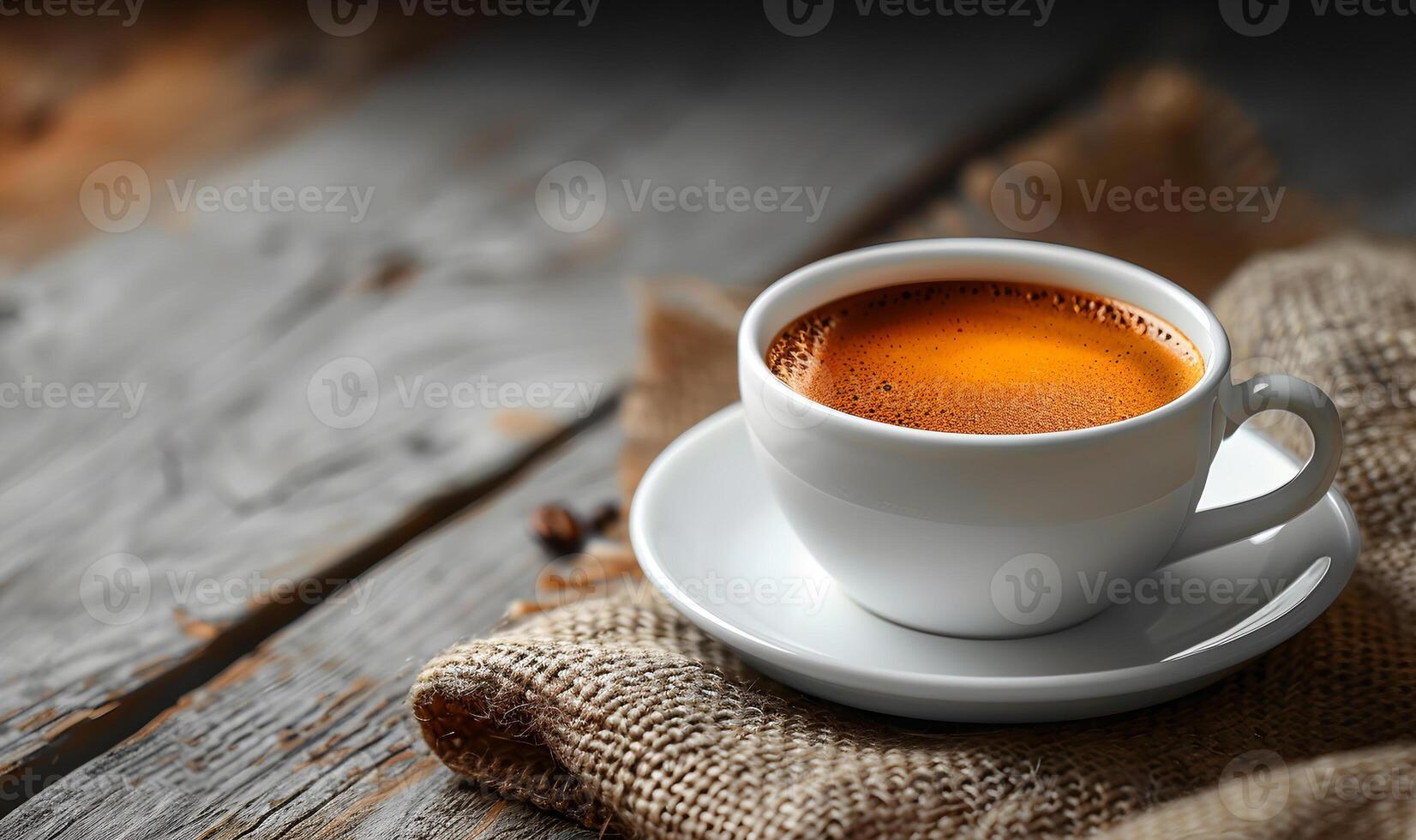 AI generated Freshly brewed espresso in a white ceramic cup on rustic wooden surface photo
