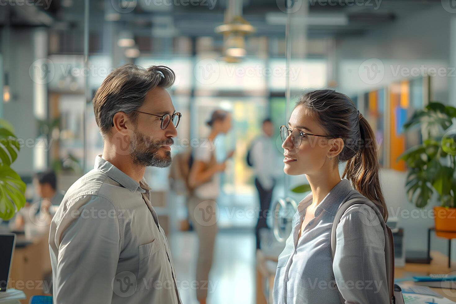 AI generated Colleagues Engage in Discussion in a Bright Office Environment, Sharing Ideas photo