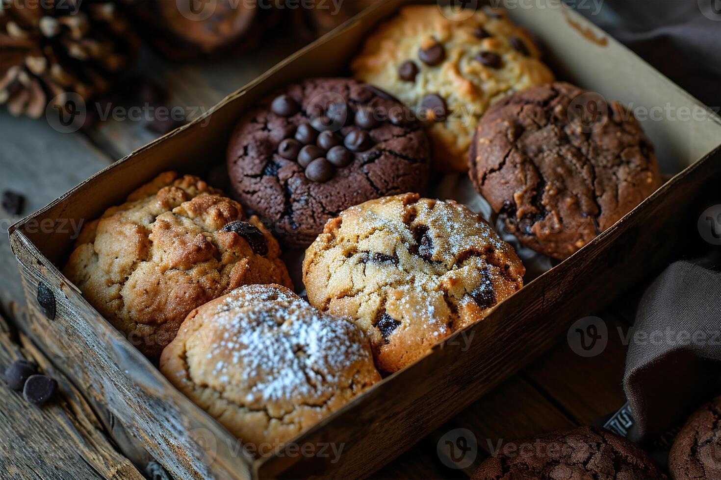 AI generated Box of Various Homemade Cookies on a Wooden Table in a Rustic Environment photo