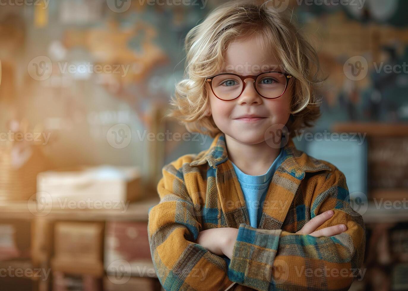 AI generated Confident Young Boy with Glasses Standing Cross-Armed in a Creative Classroom Setting photo