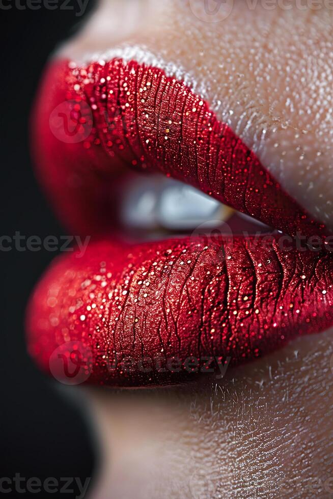 AI generated Macro of shimmering red lips with glitter, luxury makeup detail photo