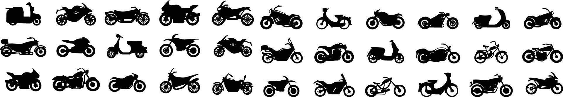 Motorbike set. Motor transport, motorcycle delivery, motor cycle for motocross, bicycle activity, engine. Modern vehicles, scooter, bikes and choppers. Vector illustration. Motor or heavy bike