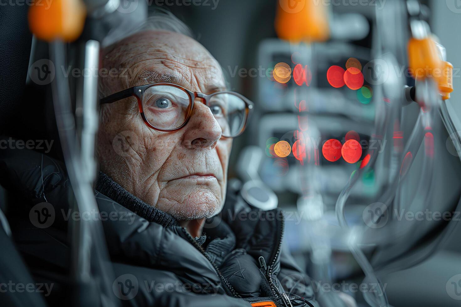 AI generated Elderly patient in health treatment with a pensive expression, surrounded by medical equipment. photo