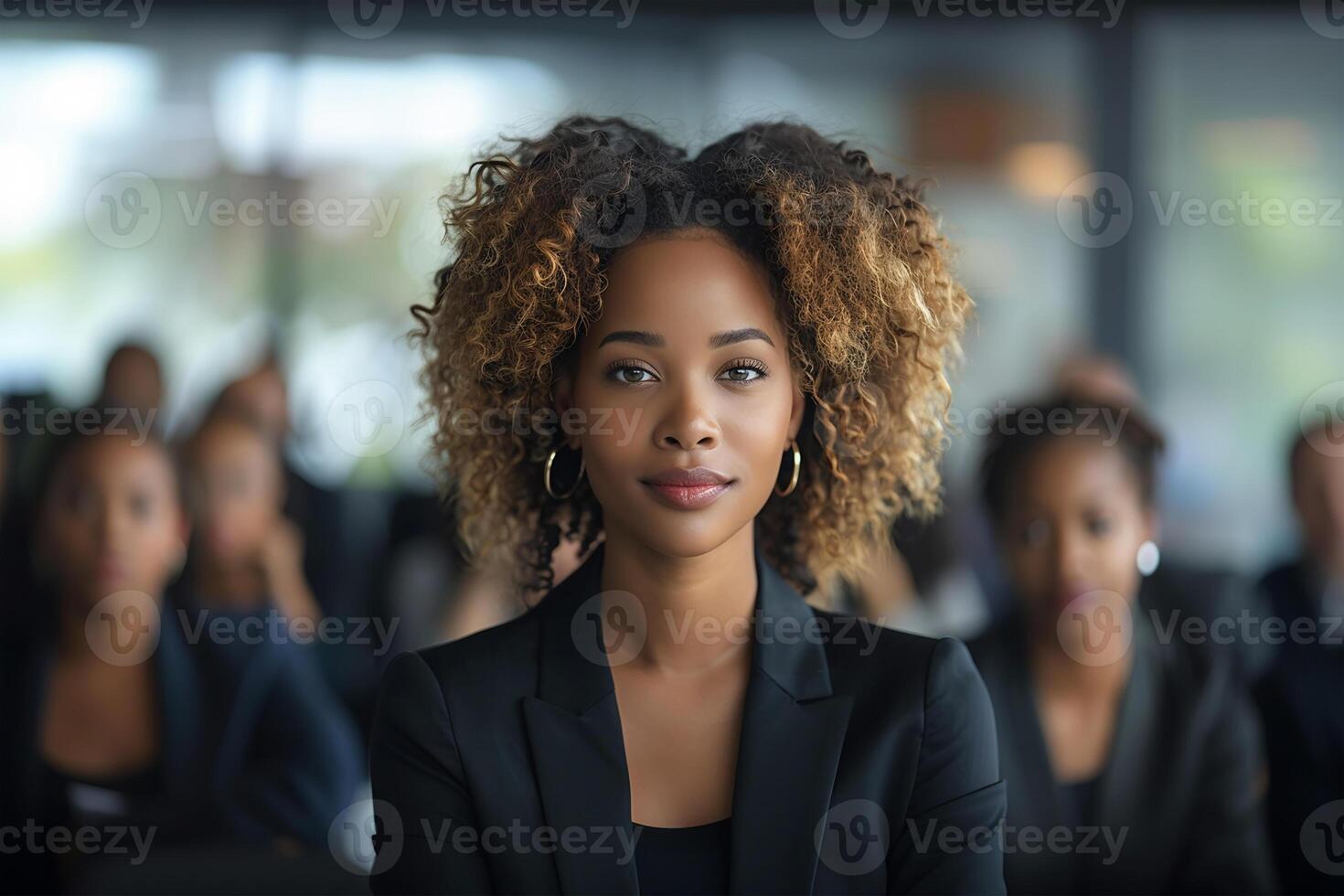 AI generated Portrait of a poised and confident businesswoman with curly hair in a contemporary office environment photo