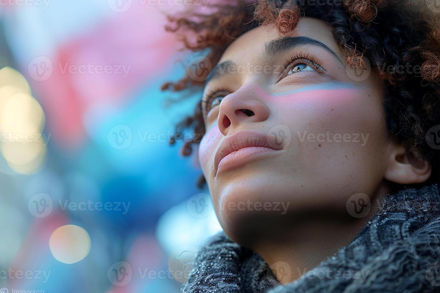 AI generated Dreamy Woman with Curly Hair Looking Up, Hopeful Gaze Amidst Vivid Colors photo