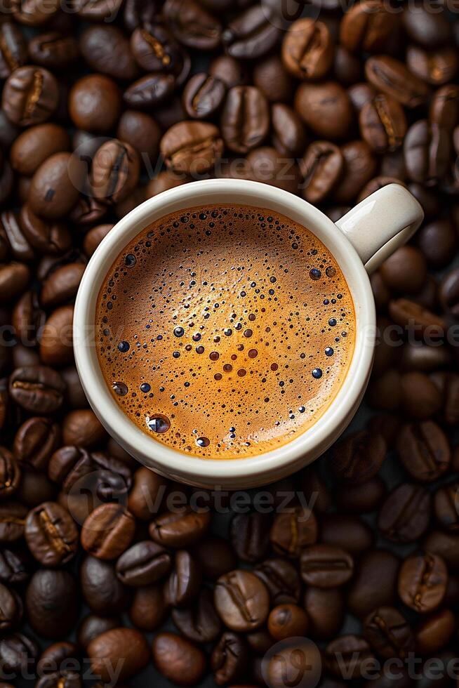 AI generated Top view of freshly brewed coffee in a ceramic mug, surrounded by whole beans, depicting a morning caffeine fix photo