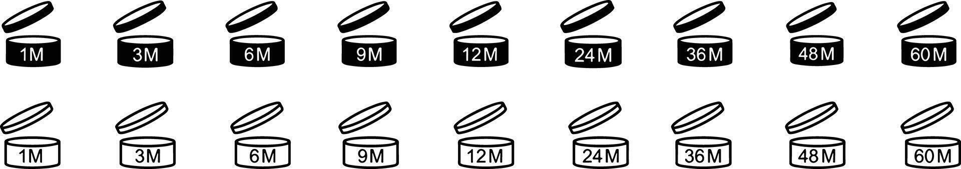 Period after open icons set. Pao symbols. Round box with cap opened. Expiration period in months signs for cosmetic packaging on transparent background. vector