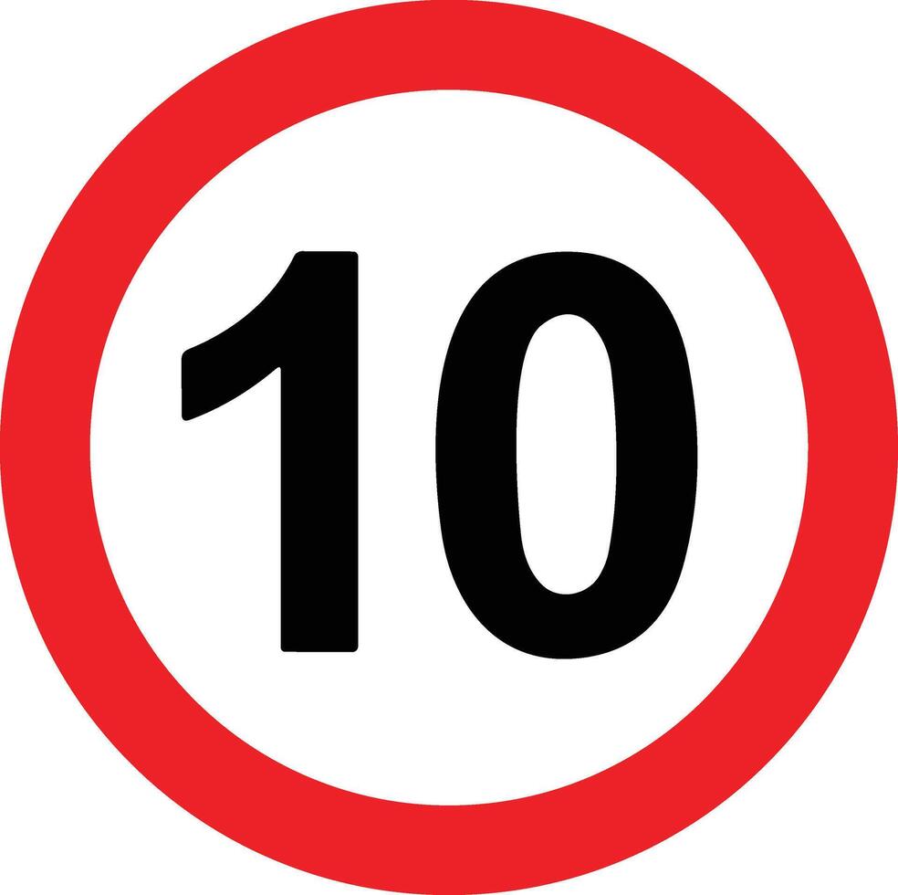 Road Speed Limit 10 ten Sign. Generic speed limit sign with black number and red circle. Vector illustration