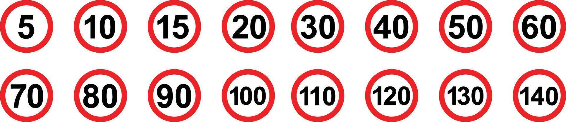 Road Speed Limit Sign Set. Set of generic speed limit signs with black number and red circle. Vector illustration