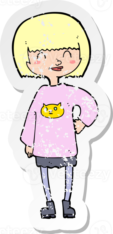 retro distressed sticker of a cartoon happy girl png