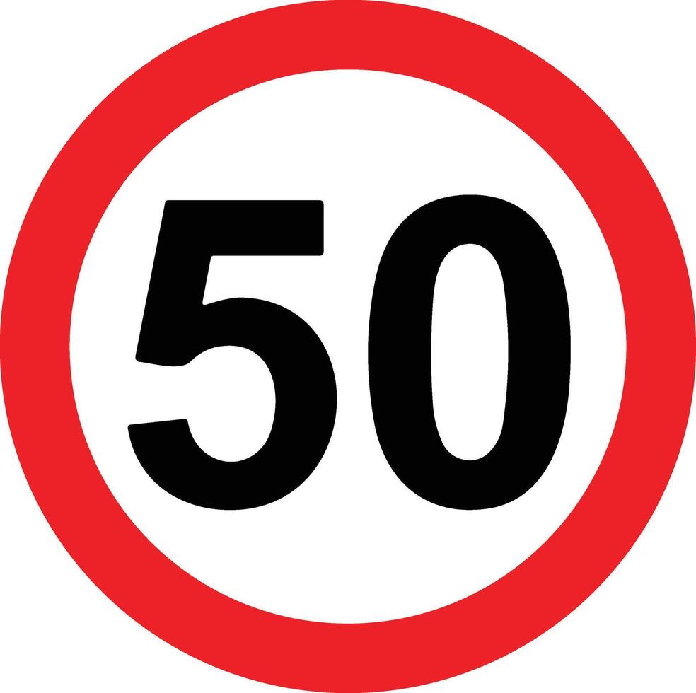 Road Speed Limit 50 fifty Sign. Generic speed limit sign with black number and red circle. Vector illustration