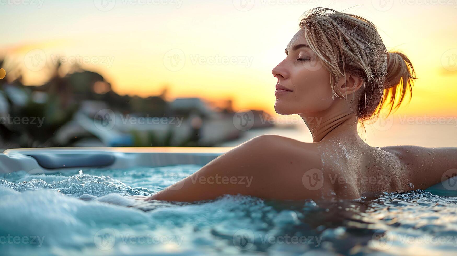 AI generated A relaxed woman soaking in the warm waters of a hot tub, enjoying the serene sunset in a tropical resort setting photo