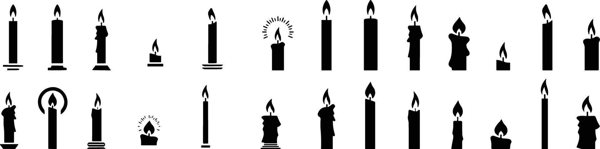 Set of candles for birthday cake or pie vector illustration. Holiday candle collection with burning flames in night, candlelight on wicks, celebration objects