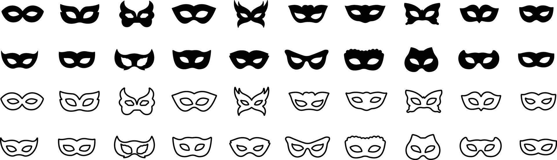 Set of line and flat carnival masks silhouettes. Simple black icons of masquerade masks, for party, parade and carnival, for Mardi Gras and Halloween. Mask elements. Face mask vector