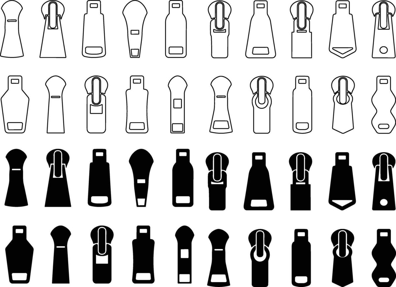 Set of different zippers. zipper pullers vector illustration zip heads, zipper slider flat and line sketch collection