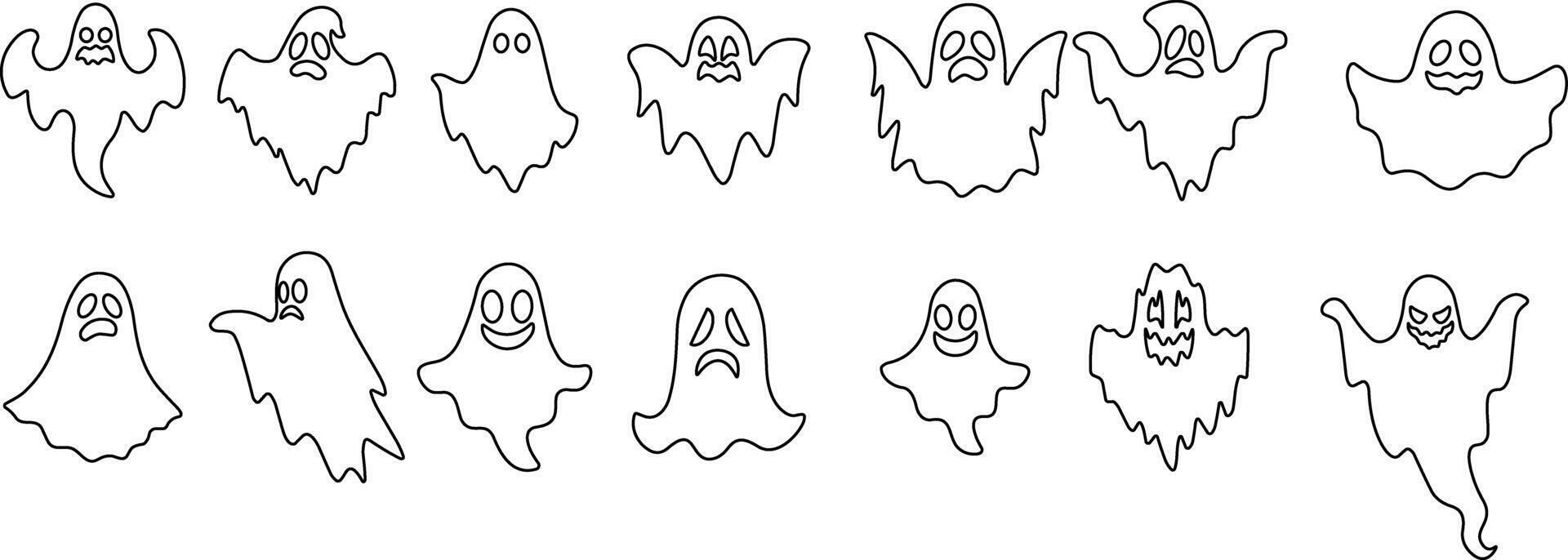 Ghost icon set Vector. Halloween concept, Cartoon Ghosts, black ghost with eyes, spooky character, ghoul or spirit monsters silhouettes with spooky faces. Horror holiday flying phantoms or nightmare vector
