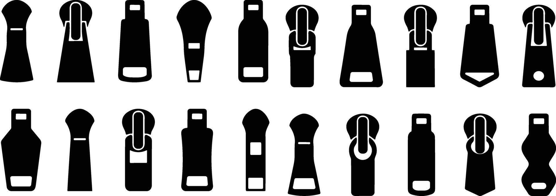 Set of different zippers. zipper pullers vector illustration zip heads, zipper slider flat sketch collection