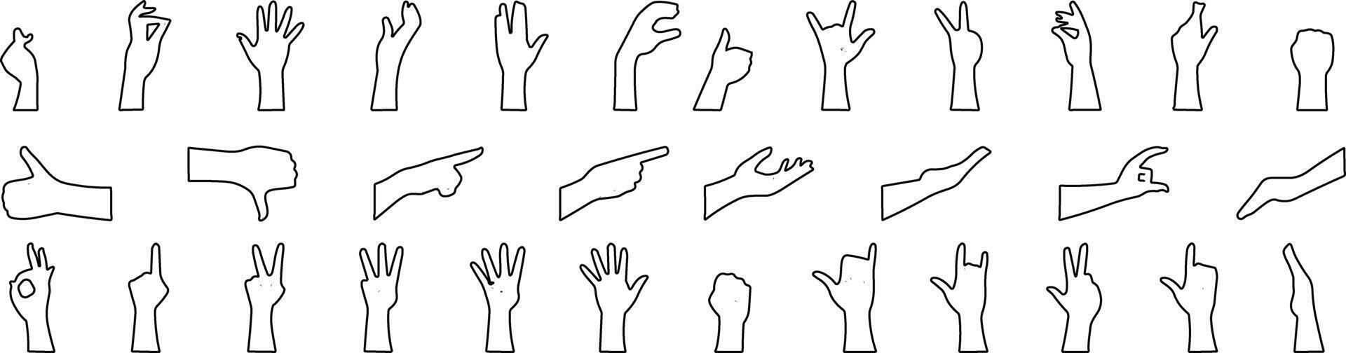 Hand gesture icon set. All type of hand emojis, gestures, stickers, emoticons line vector illustration symbols. Hands, handshakes, muscle, finger, fist, direction, like, unlike, fingers collection