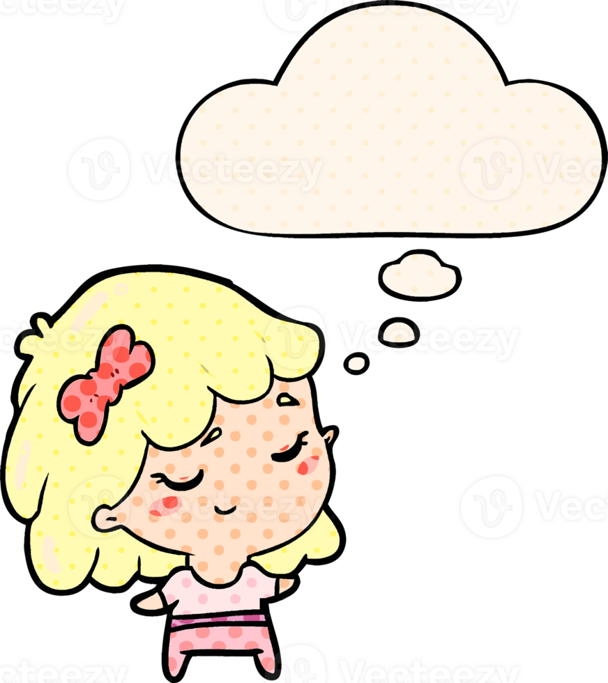 cartoon happy girl and thought bubble in comic book style png