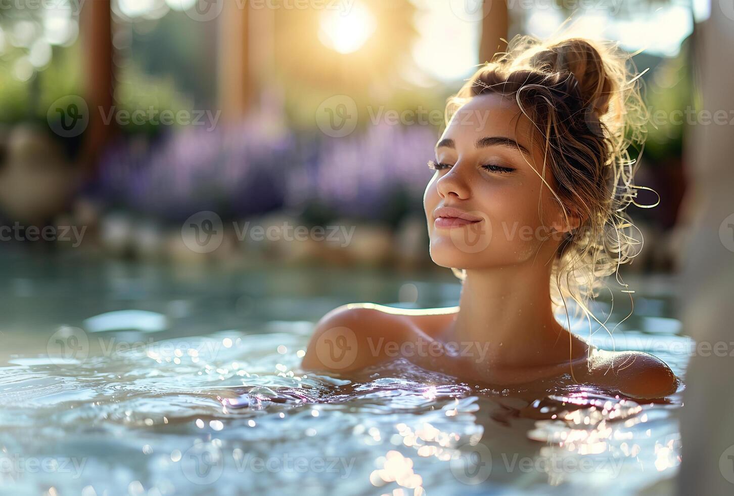 AI generated Relaxed Young Woman Enjoying Spa Treatment in Outdoor Hot Tub, Serene Sunset photo