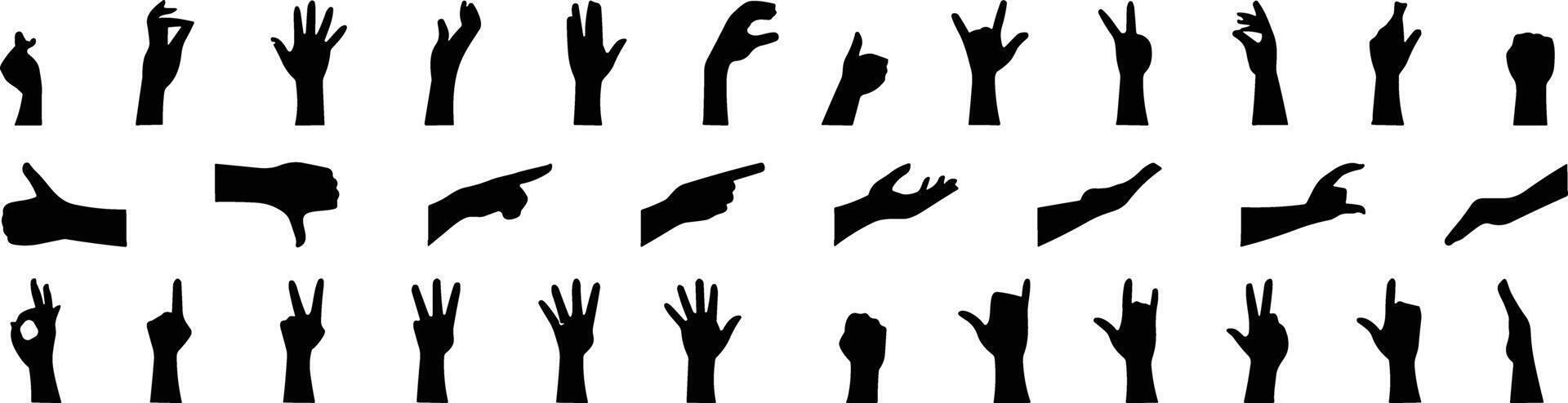 Hand gesture icon set. All type of hand emojis, gestures, stickers, emoticons flat vector illustration symbols. Hands, handshakes, muscle, finger, fist, direction, like, unlike, fingers collection