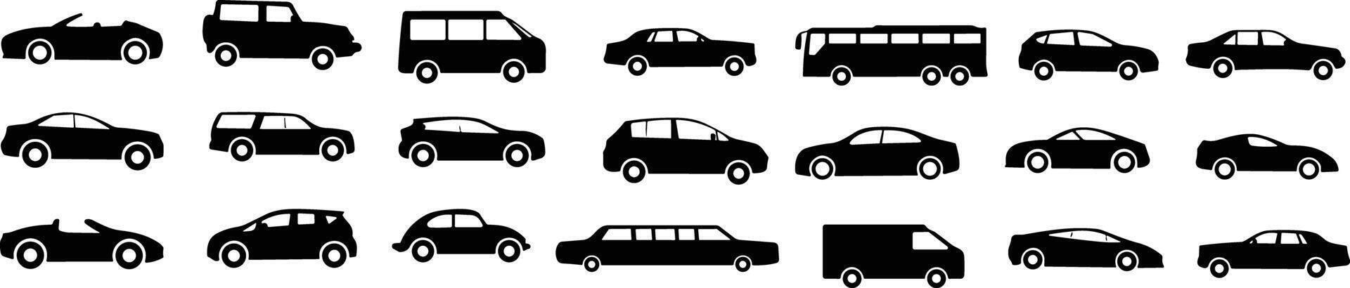 Cars Different types icons set. Different vehicles. Car van, bus, pickup Vector illustration. Collection transportation