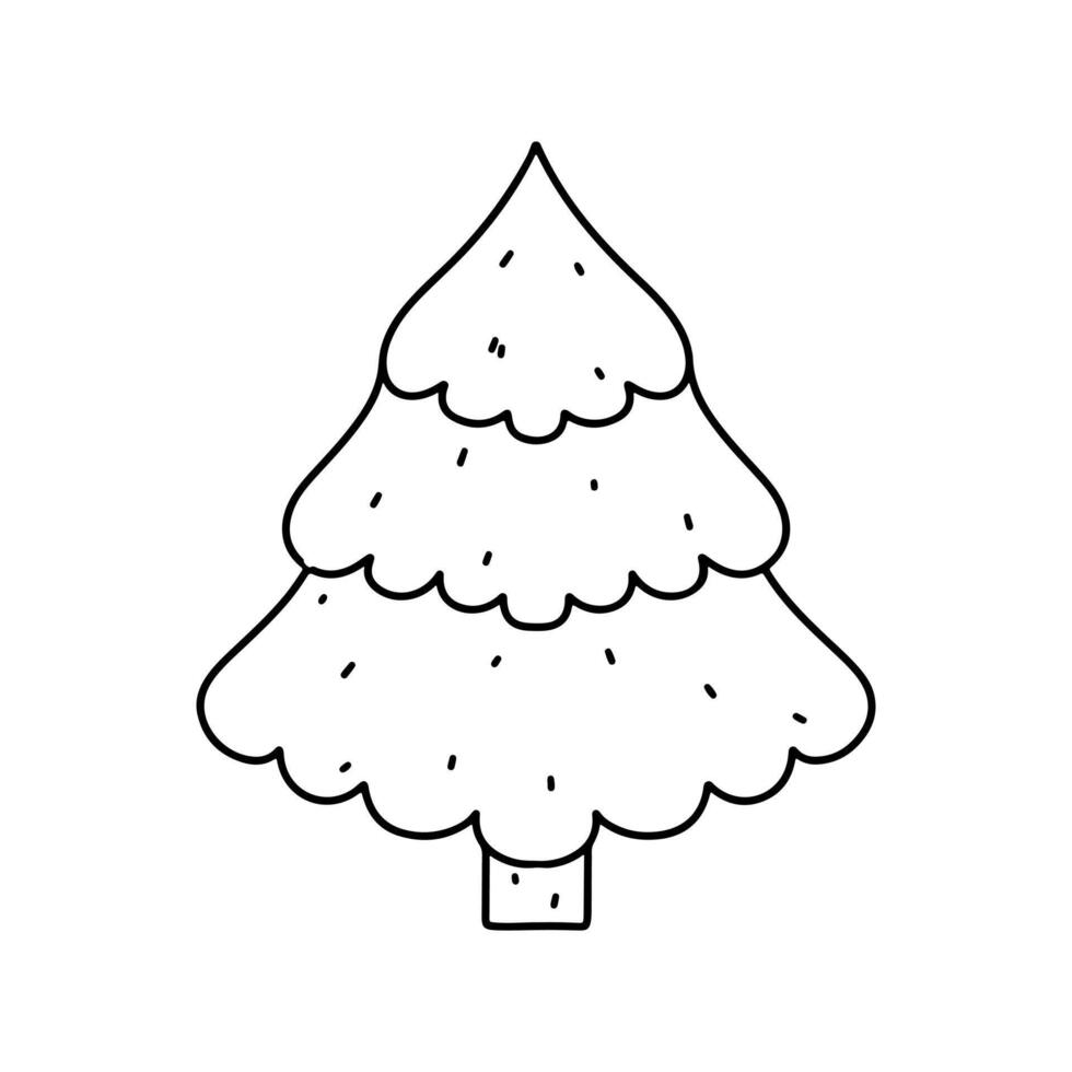 Beautiful Christmas tree. Hand drawn doodle style. Vector illustration isolated on white. Coloring page.